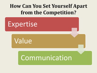 How Can You Set Yourself Apart
from the Competition?
Expertise
Value
Communication
 