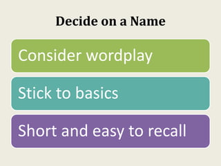 Decide on a Name
Consider wordplay
Stick to basics
Short and easy to recall
 