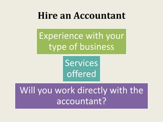 Hire an Accountant
Experience with your
type of business
Services
offered
Will you work directly with the
accountant?
 