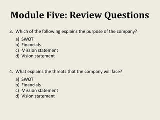 Module Five: Review Questions
3. Which of the following explains the purpose of the company?
a) SWOT
b) Financials
c) Mission statement
d) Vision statement
4. What explains the threats that the company will face?
a) SWOT
b) Financials
c) Mission statement
d) Vision statement
 