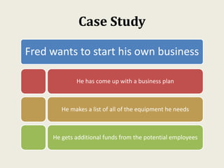 Case Study
Fred wants to start his own business
He has come up with a business plan
He makes a list of all of the equipment he needs
He gets additional funds from the potential employees
 