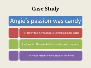 Case Study
Angie’s passion was candy
Her family told her to choose something more stable
She took an office job, but her position was downsized
She never made candy outside of her home
 