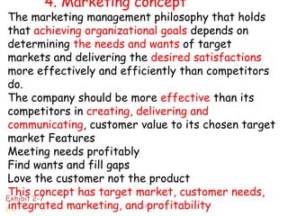 2-11
4. Marketing concept
The marketing management philosophy that holds
that achieving organizational goals depends on
determining the needs and wants of target
markets and delivering the desired satisfactions
more effectively and efficiently than competitors
do.
The company should be more effective than its
competitors in creating, delivering and
communicating, customer value to its chosen target
market Features
Meeting needs profitably
Find wants and fill gaps
Love the customer not the product
This concept has target market, customer needs,
integrated marketing, and profitability
Exhibit 2-7
119
 
