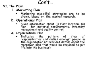 Con’t…
VI.The Plan:
1. Marketing Plan
 Marketing mix (4Ps) strategies are to be
drawn, based on the market research.
2. Operational Plan
 Gives information about (i) Plant location: (ii)
Plan for material requirements, inventory
management and quality control.
3. Organizational Plan
 Indicates the pattern of flow of
responsibilities and duties amongst people in
the organization (it provides details about the
manpower plan that would be required to put
life into the business)
 