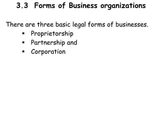 3.3 Forms of Business organizations
There are three basic legal forms of businesses.
 Proprietorship
 Partnership and
 Corporation
 