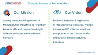 Adding Value, Enabling Growth of
Manufacturing Industries, to Help them
become efficient, productive & agile
with ERP Software, e-Procurement
Software
Our Mission
Enable Automation & Digitization
in Manufacturing Industries. Provide
innovative ERP software solutions
and partner in the transformation
and growth of Manufacturing
Industries
Our Vision
Thought Process of Force Intellect
www.forceintellect.com
 