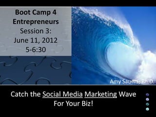 Boot Camp 4
Entrepreneurs
  Session 3:
June 11, 2012
    5-6:30



                             Amy Sauers, Ph.D.

Catch the Social Media Marketing Wave
             For Your Biz!
 