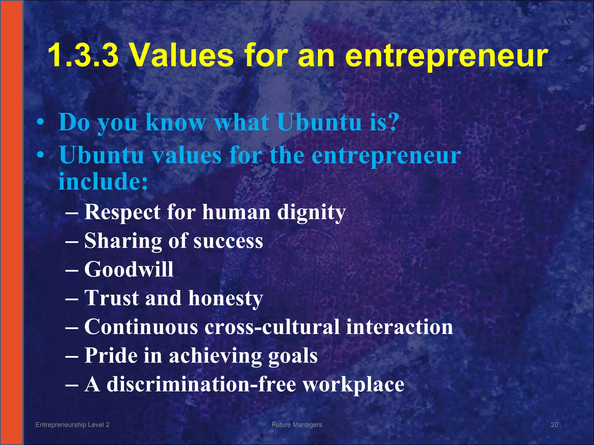 1.3.3 Values for an entrepreneur Do you know what Ubuntu is? Ubuntu values for the entrepreneur include: Respect for human dignity Sharing of success Goodwill Trust and honesty Continuous cross-cultural interaction Pride in achieving goals A discrimination-free workplace Entrepreneurship Level 2 Future Managers 