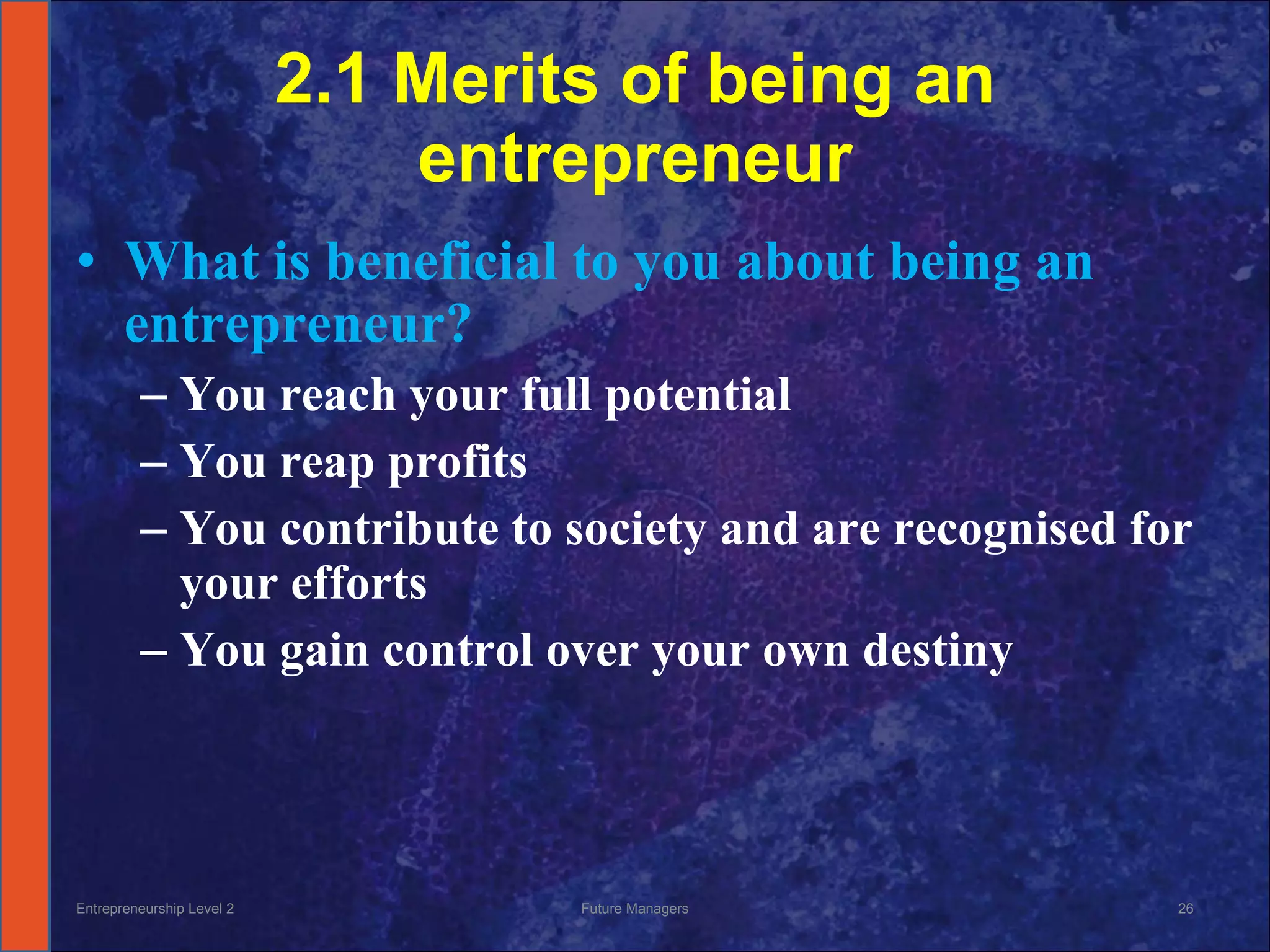 2.1 Merits of being an entrepreneur What is beneficial to you about being an entrepreneur? You reach your full potential You reap profits You contribute to society and are recognised for your efforts You gain control over your own destiny Entrepreneurship Level 2 Future Managers 