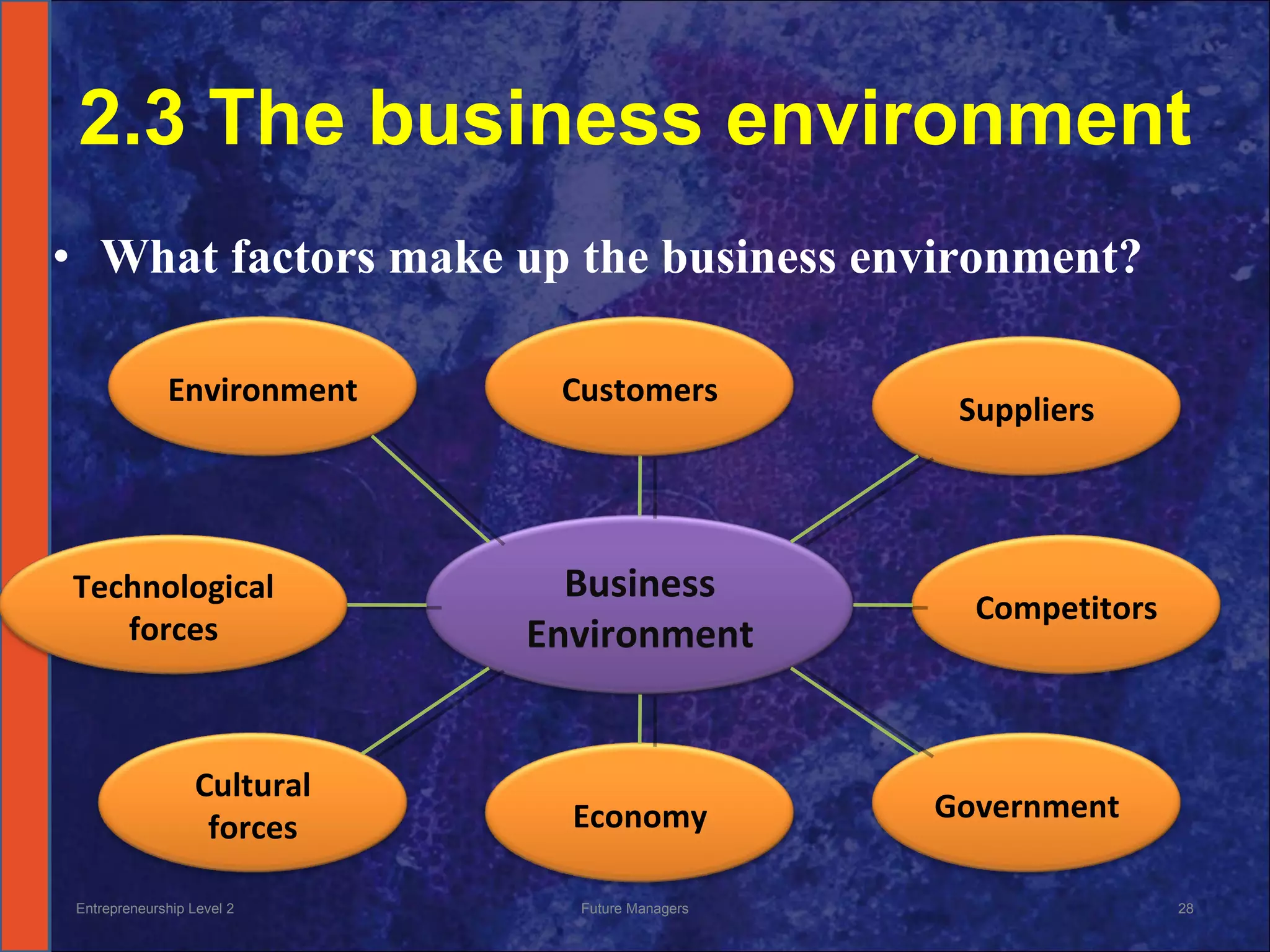 2.3 The business environment What factors make up the business environment? Entrepreneurship Level 2 Future Managers Business Environment Customers Suppliers Competitors Government Economy Cultural forces Technological forces Environment 
