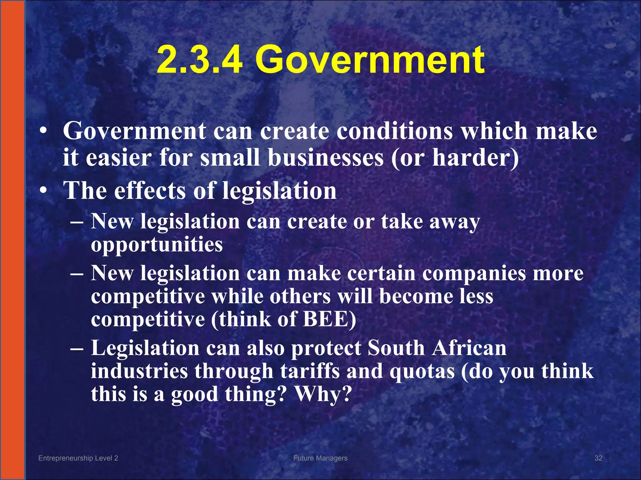 2.3.4 Government Government can create conditions which make it easier for small businesses (or harder) The effects of legislation New legislation can create or take away opportunities New legislation can make certain companies more competitive while others will become less competitive (think of BEE) Legislation can also protect South African industries through tariffs and quotas (do you think this is a good thing? Why? Entrepreneurship Level 2 Future Managers 