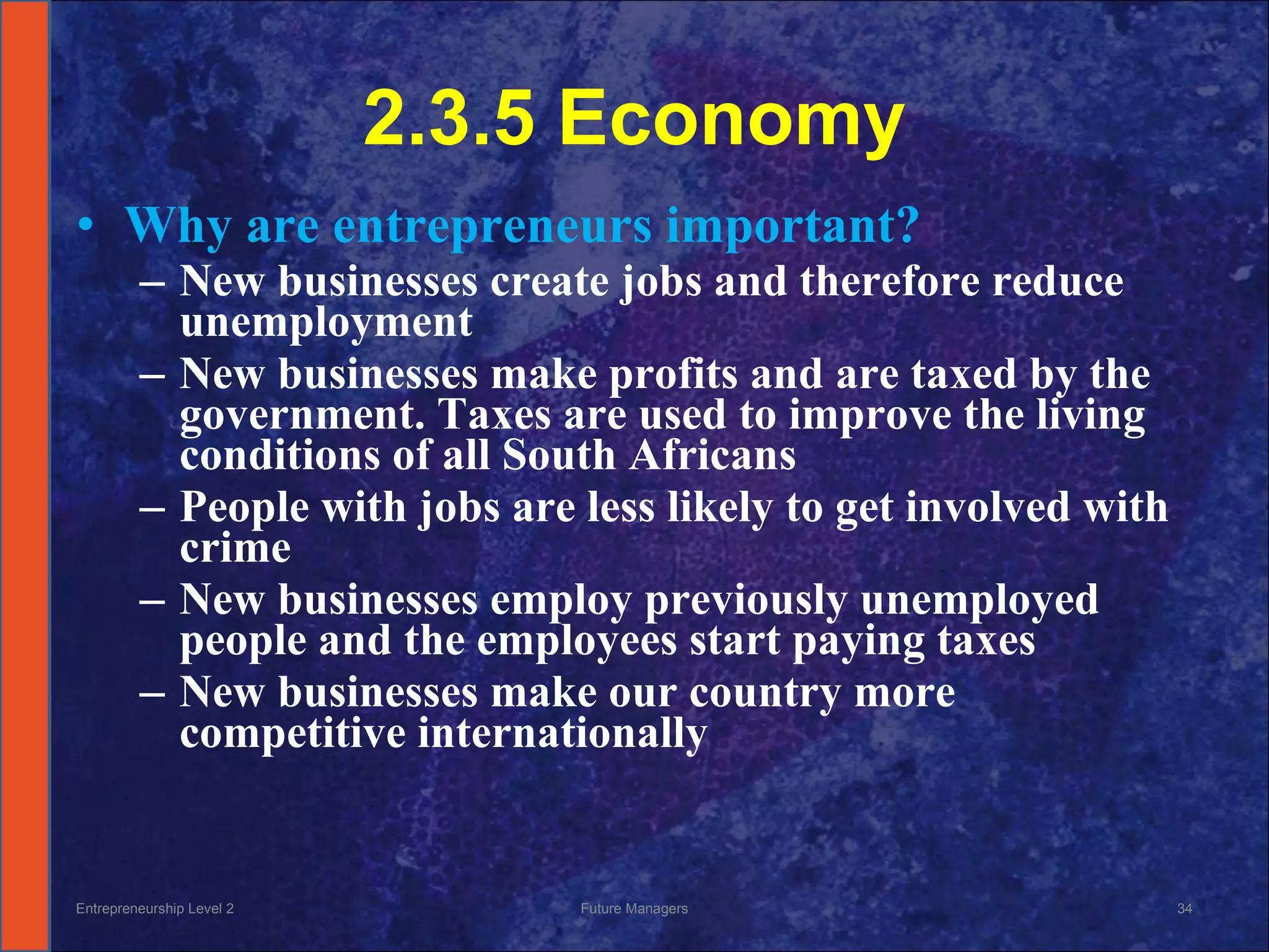 2.3.5 Economy Why are entrepreneurs important? New businesses create jobs and therefore reduce unemployment New businesses make profits and are taxed by the government. Taxes are used to improve the living conditions of all South Africans People with jobs are less likely to get involved with crime New businesses employ previously unemployed people and the employees start paying taxes New businesses make our country more competitive internationally  Entrepreneurship Level 2 Future Managers 