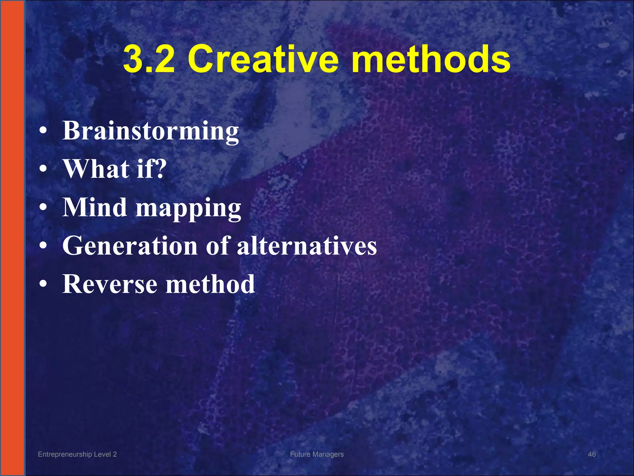 3.2 Creative methods Brainstorming What if? Mind mapping Generation of alternatives Reverse method Entrepreneurship Level 2 Future Managers 