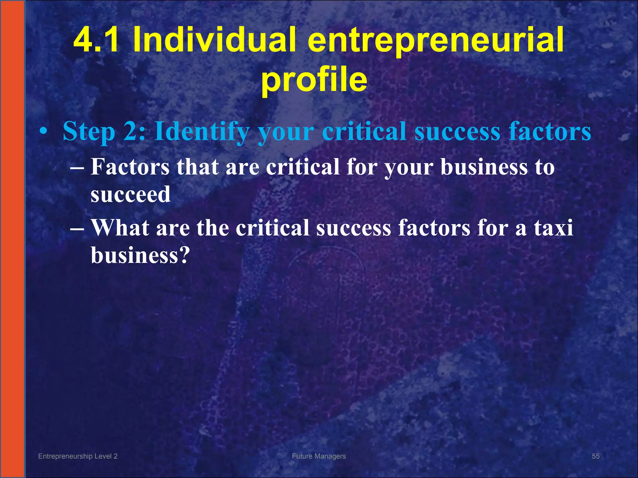 4.1 Individual entrepreneurial profile  Step 2: Identify your critical success factors Factors that are critical for your business to succeed What are the critical success factors for a taxi business? Entrepreneurship Level 2 Future Managers 