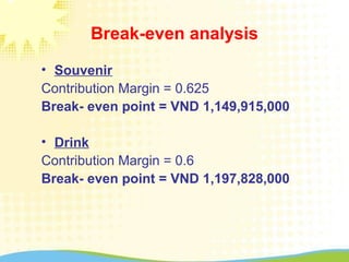 Break-even analysis
• Souvenir
Contribution Margin = 0.625
Break- even point = VND 1,149,915,000
• Drink
Contribution Margin = 0.6
Break- even point = VND 1,197,828,000
 