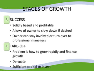 3. SUCCESS
• Solidly based and profitable
• Allows of owner to slow down if desired
• Owner can stay involved or turn over to
professional managers
4. TAKE-OFF
• Problem is how to grow rapidly and finance
growth
• Delegate
• Sufficient capital to invest
STAGES OF GROWTH
3
4
 
