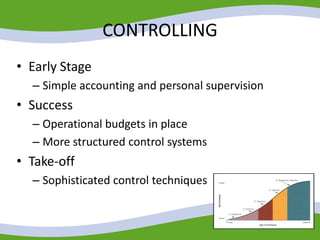 CONTROLLING
• Early Stage
– Simple accounting and personal supervision
• Success
– Operational budgets in place
– More structured control systems
• Take-off
– Sophisticated control techniques
 