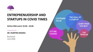 Jacaranda Consulting
Bucharest
June 2020
DR. DUMITRU RADOIU
ENTREPRENUERSHIP AND
STARTUPS IN COVID TIMES
1
FUTURE
CHANGE
THE GOAL OF
A STARTUP
LEARN FROM
THE BEST
THE
PROBLEM
CUSTOMER
VALUE
Online CRAI event: 25.06 – 26.06
 