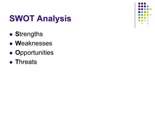 SWOT Analysis
   Strengths
   Weaknesses
   Opportunities
   Threats
 