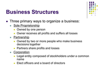 Business Structures
   Three primary ways to organize a business:
       Sole Proprietorship
         Owned by one person
         Owner receives all profits and suffers all losses
       Partnership
         Owned by two or more people who make business
          decisions together
         Partners share profits and losses
       Corporation
         Legal entity composed of stockholders under a common
          name
         Elect officers and a board of directors
 