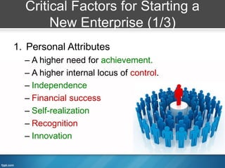 Critical Factors for Starting a
       New Enterprise (1/3)
1. Personal Attributes
  – A higher need for achievement.
  – A higher internal locus of control.
  – Independence
  – Financial success
  – Self-realization
  – Recognition
  – Innovation
 