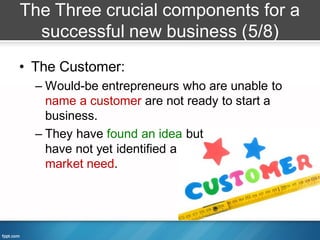 The Three crucial components for a
  successful new business (5/8)
• The Customer:
  – Would-be entrepreneurs who are unable to
    name a customer are not ready to start a
    business.
  – They have found an idea but
    have not yet identified a
    market need.
 