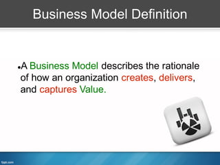 Business Model Definition


A Business Model describes the rationale


of how an organization creates, delivers,
and captures Value.
 