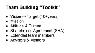 Team Building “Toolkit”
● Vision -> Target (10+years)
● Mission
● Attitude & Culture
● Shareholder Agreement (SHA)
● Exten...