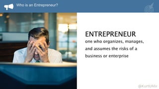 Who is an Entrepreneur? 
ENTREPRENEUR 
one who organizes, manages, 
and assumes the risks of a 
business or enterprise 
@K...