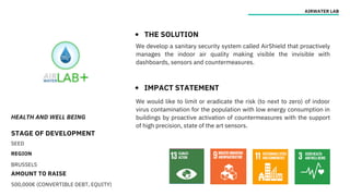 HEALTH AND WELL BEING
STAGE OF DEVELOPMENT
SEED
REGION
BRUSSELS
AMOUNT TO RAISE
500,000€ (CONVERTIBLE DEBT, EQUITY)
AIRWATER LAB
THE SOLUTION
IMPACT STATEMENT
We develop a sanitary security system called AirShield that proactively
manages the indoor air quality making visible the invisible with
dashboards, sensors and countermeasures.
We would like to limit or eradicate the risk (to next to zero) of indoor
virus contamination for the population with low energy consumption in
buildings by proactive activation of countermeasures with the support
of high precision, state of the art sensors.
 