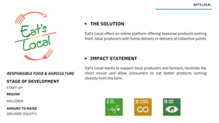 RESPONSIBLE FOOD & AGRICULTURE
STAGE OF DEVELOPMENT
START-UP
REGION
WALLONIA
AMOUNT TO RAISE
300.000€ (EQUITY)
EAT'S LOCAL
THE SOLUTION
IMPACT STATEMENT
Eat's Local offers an online platform offering seasonal products coming
from local producers with home delivery or delivery at collection points
Eat's Local wants to support local producers and farmers, facilitate the
short circuit and allow consumers to eat better products coming
directly from the farm.
 