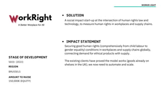 STAGE OF DEVELOPMENT
SEED (2023)
REGION
BRUSSELS
AMOUNT TO RAISE
150,000€ (EQUITY)
WORKR<IGHT
SOLUTION
IMPACT STATEMENT
A social impact start-up at the intersection of human rights law and
technology, to measure human rights in workplaces and supply chains.
Securing good human rights (comprehensively from child labour to
gender equality) conditions in workplaces and supply chains globally,
connecting demand for ethical products with supply.
The existing clients have proved the model works (goods already on
shelves in the UK); we now need to automate and scale.
 
