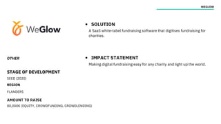 OTHER
STAGE OF DEVELOPMENT
SEED (2020)
REGION
FLANDERS
AMOUNT TO RAISE
80,000€ (EQUITY, CROWDFUNDING, CROWDLENDING)
WEGLOW
SOLUTION
IMPACT STATEMENT
A SaaS white-label fundraising software that digitises fundraising for
charities.
Making digital fundraising easy for any charity and light up the world.
 