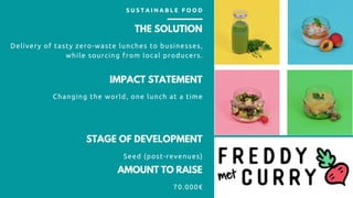 THE SOLUTION
Delivery of tasty zero-waste lunches to businesses,
while sourcing from local producers.
IMPACT STATEMENT
Changing the world, one lunch at a time
S U S T A I N A B L E F O O D
STAGE OF DEVELOPMENT
Seed (post-revenues)
AMOUNT TO RAISE
70.000€
 