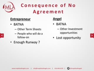 Consequence of No
Agreement
Angel
• BATNA

Entrepreneur
• BATNA
– Other Term Sheets
– People who will do a
follow-on

– Other Investment
opportunities

• Lost opportunity

• Enough Runway ?

www.mapleleafangels.com

|

info@mapleleafangels.com |

416.646.6235 |

@mapleleafangels

 
