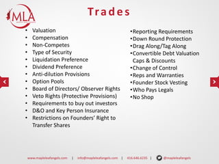 Tr a d e s
•
•
•
•
•
•
•
•
•
•
•
•
•

Valuation
Compensation
Non-Competes
Type of Security
Liquidation Preference
Dividend Preference
Anti-dilution Provisions
Option Pools
Board of Directors/ Observer Rights
Veto Rights (Protective Provisions)
Requirements to buy out investors
D&O and Key Person Insurance
Restrictions on Founders’ Right to
Transfer Shares

www.mapleleafangels.com

|

info@mapleleafangels.com |

•Reporting Requirements
•Down Round Protection
•Drag Along/Tag Along
•Convertible Debt Valuation
Caps & Discounts
•Change of Control
•Reps and Warranties
•Founder Stock Vesting
•Who Pays Legals
•No Shop

416.646.6235 |

@mapleleafangels

 
