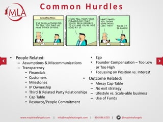 Common Hurdles

• People Related:
– Assumptions & Miscommunications
– Transparency
• Financials
• Customers
•
• Milestones
• IP Ownership
• Third & Related Party Relationships
• Cap Table
• Resource/People Commitment

www.mapleleafangels.com

|

• Ego
• Founder Compensation – Too Low
or Too High
• Focussing on Position vs. Interest

Outcome Related:
–
–
–
–

info@mapleleafangels.com |

Messy Cap-Table
No exit strategy
Lifestyle vs. Scale-able business
Use of Funds

416.646.6235 |

@mapleleafangels

 