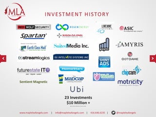 I N V E S T M E N T H I S TO RY

Sentient Magnetic

23 Investments
$10 Million +
www.mapleleafangels.com

|

info@mapleleafangels.com |

416.646.6235 |

@mapleleafangels

 