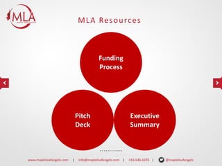 M L A Re s o u rc e s

Funding
Process

Pitch
Deck

www.mapleleafangels.com

|

info@mapleleafangels.com |

Executive
Summary

416.646.6235 |

@mapleleafangels

 