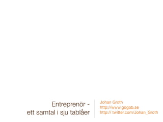 Johan Groth
        Entreprenör -      http://www.gogab.se
ett samtal i sju tablåer   http:// twitter.com/Johan_Groth
 