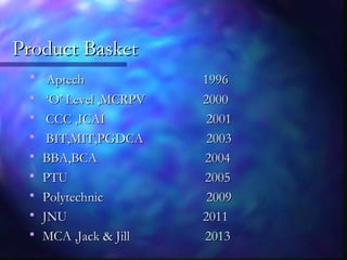 Product BasketProduct Basket
 AptechAptech 19961996
 ‘‘O’ Level ,MCRPVO’ Level ,MCRPV 20002000
 CCC ,ICAICCC ,ICAI 20012001
 BIT,MIT,PGDCABIT,MIT,PGDCA 20032003
 BBA,BCABBA,BCA 20042004
 PTUPTU 20052005
 PolytechnicPolytechnic 20092009
 JNUJNU 20112011
 MCA ,Jack & JillMCA ,Jack & Jill 20132013
 