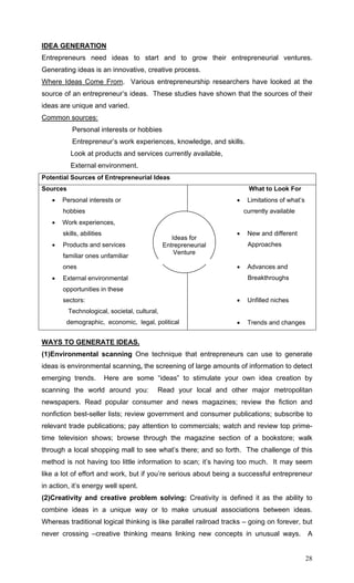28
IDEA GENERATION
Entrepreneurs need ideas to start and to grow their entrepreneurial ventures.
Generating ideas is an innovative, creative process.
Where Ideas Come From. Various entrepreneurship researchers have looked at the
source of an entrepreneur’s ideas. These studies have shown that the sources of their
ideas are unique and varied.
Common sources:
Personal interests or hobbies
Entrepreneur’s work experiences, knowledge, and skills.
Look at products and services currently available,
External environment.
Potential Sources of Entrepreneurial Ideas
Sources
• Personal interests or
hobbies
• Work experiences,
skills, abilities
• Products and services
familiar ones unfamiliar
ones
• External environmental
opportunities in these
sectors:
Technological, societal, cultural,
demographic, economic, legal, political
What to Look For
• Limitations of what’s
currently available
• New and different
Approaches
• Advances and
Breakthroughs
• Unfilled niches
• Trends and changes
WAYS TO GENERATE IDEAS.
(1)Environmental scanning One technique that entrepreneurs can use to generate
ideas is environmental scanning, the screening of large amounts of information to detect
emerging trends. Here are some “ideas” to stimulate your own idea creation by
scanning the world around you: Read your local and other major metropolitan
newspapers. Read popular consumer and news magazines; review the fiction and
nonfiction best-seller lists; review government and consumer publications; subscribe to
relevant trade publications; pay attention to commercials; watch and review top prime-
time television shows; browse through the magazine section of a bookstore; walk
through a local shopping mall to see what’s there; and so forth. The challenge of this
method is not having too little information to scan; it’s having too much. It may seem
like a lot of effort and work, but if you’re serious about being a successful entrepreneur
in action, it’s energy well spent.
(2)Creativity and creative problem solving: Creativity is defined it as the ability to
combine ideas in a unique way or to make unusual associations between ideas.
Whereas traditional logical thinking is like parallel railroad tracks – going on forever, but
never crossing –creative thinking means linking new concepts in unusual ways. A
Ideas for
Entrepreneurial
Venture
 