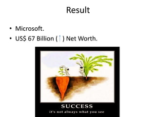 Result
• Microsoft.
• US$ 67 Billion ( ) Net Worth.
 