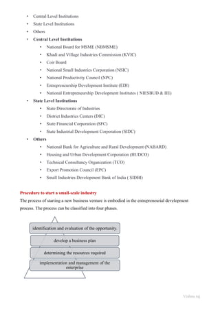 Vishnu raj
• Central Level Institutions
• State Level Institutions
• Others
• Central Level Institutions
• National Board for MSME (NBMSME)
• Khadi and Village Industries Commission (KVIC)
• Coir Board
• National Small Industries Corporation (NSIC)
• National Productivity Council (NPC)
• Entrepreneurship Development Institute (EDI)
• National Entrepreneurship Development Institutes ( NIESBUD & IIE)
• State Level Institutions
• State Directorate of Industries
• District Industries Centers (DIC)
• State Financial Corporation (SFC)
• State Industrial Development Corporation (SIDC)
• Others
• National Bank for Agriculture and Rural Development (NABARD)
• Housing and Urban Development Corporation (HUDCO)
• Technical Consultancy Organization (TCO)
• Export Promotion Council (EPC)
• Small Industries Development Bank of India ( SIDBI)
Procedure to start a small-scale industry
The process of starting a new business venture is embodied in the entrepreneurial development
process. The process can be classified into four phases.
identification and evaluation of the opportunity.
develop a business plan
determining the resources required
implementation and management of the
enterprise
 