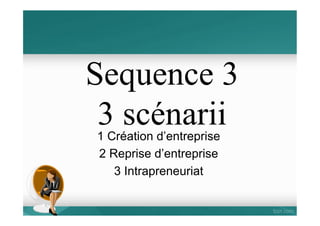 Sequence 3
3 scénarii1 Création d’entreprise
2 Reprise d’entreprise
3 Intrapreneuriat
 