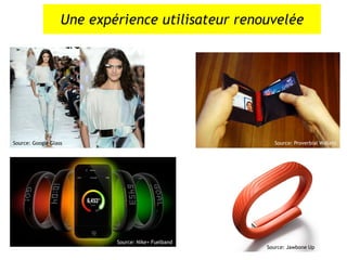 Source: Nike+ Fuelband
Source: Proverbial WalletsSource: Google Glass
Une expérience utilisateur renouvelée
Source: Jawbon...