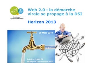 Web 2.0 : la démarche
             virale se propage à la DSI

             Horizon 2013

                          30 Mars 2010




             Frédéric CHARLES
29/03/2010                                   1
             Stratégie & Gouvernance du SI
 
