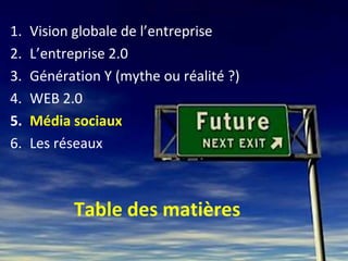 1.   Vision globale de l’entreprise
2.   L’entreprise 2.0
3.   Génération Y (mythe ou réalité ?)
4.   WEB 2.0
5.   Média sociaux
6.   Les réseaux



           Table des matières
 