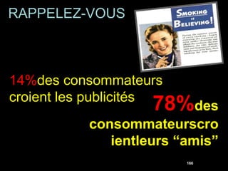 RAPPELEZ-VOUS



14%des consommateurs
croient les publicités
                    78%des
           consommateurscro
              ientleurs “amis”
                         166
 