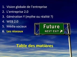 1.   Vision globale de l’entreprise
2.   L’entreprise 2.0
3.   Génération Y (mythe ou réalité ?)
4.   WEB 2.0
5.   Média sociaux
6.   Les réseaux



           Table des matières
 